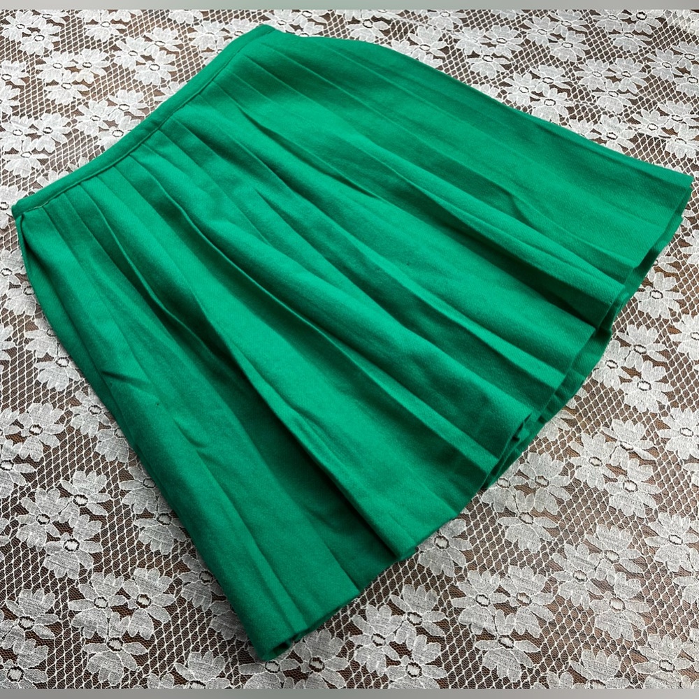 Vintage 1950s 1960s Home Sewn Pleated Green Wool Short Mini Cheerleader Skirt S